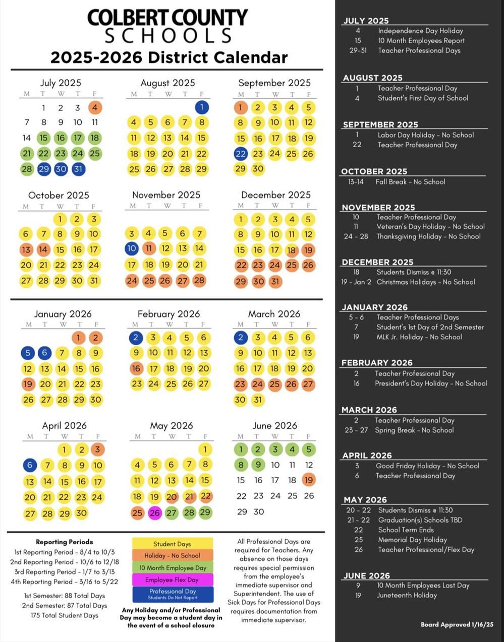  2025-2026 Colber County Schools Calendar
